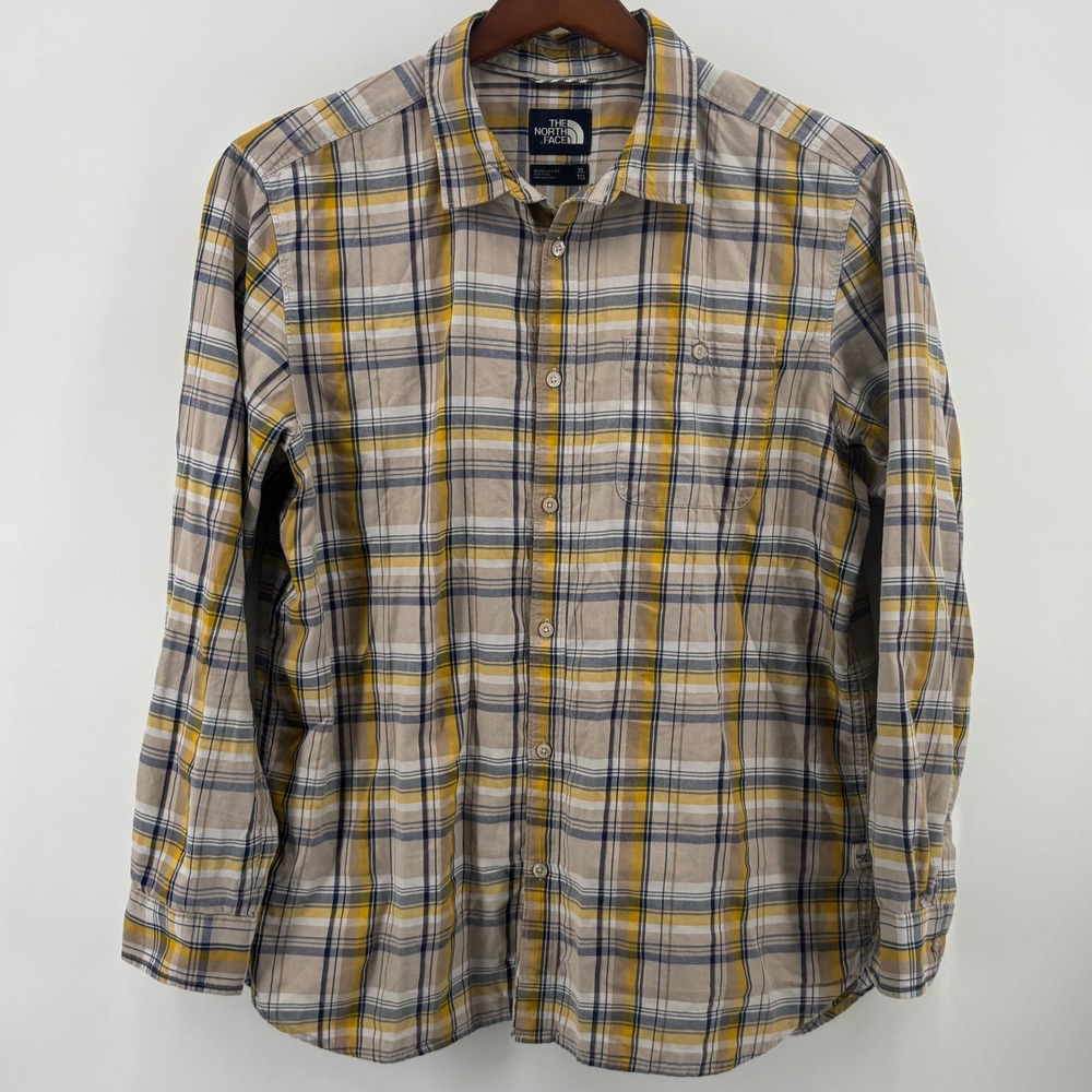 The North Face Mens XL Plaid Button Down Shirt Tan‎ Yellow Organic Cotton Blend